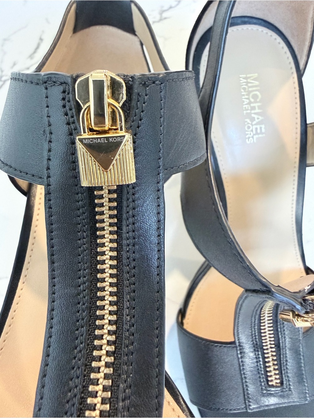 MICHAEL Michael Kors Black High Heel Sandals with Gold Zipper Detail - Picture 8 of 12